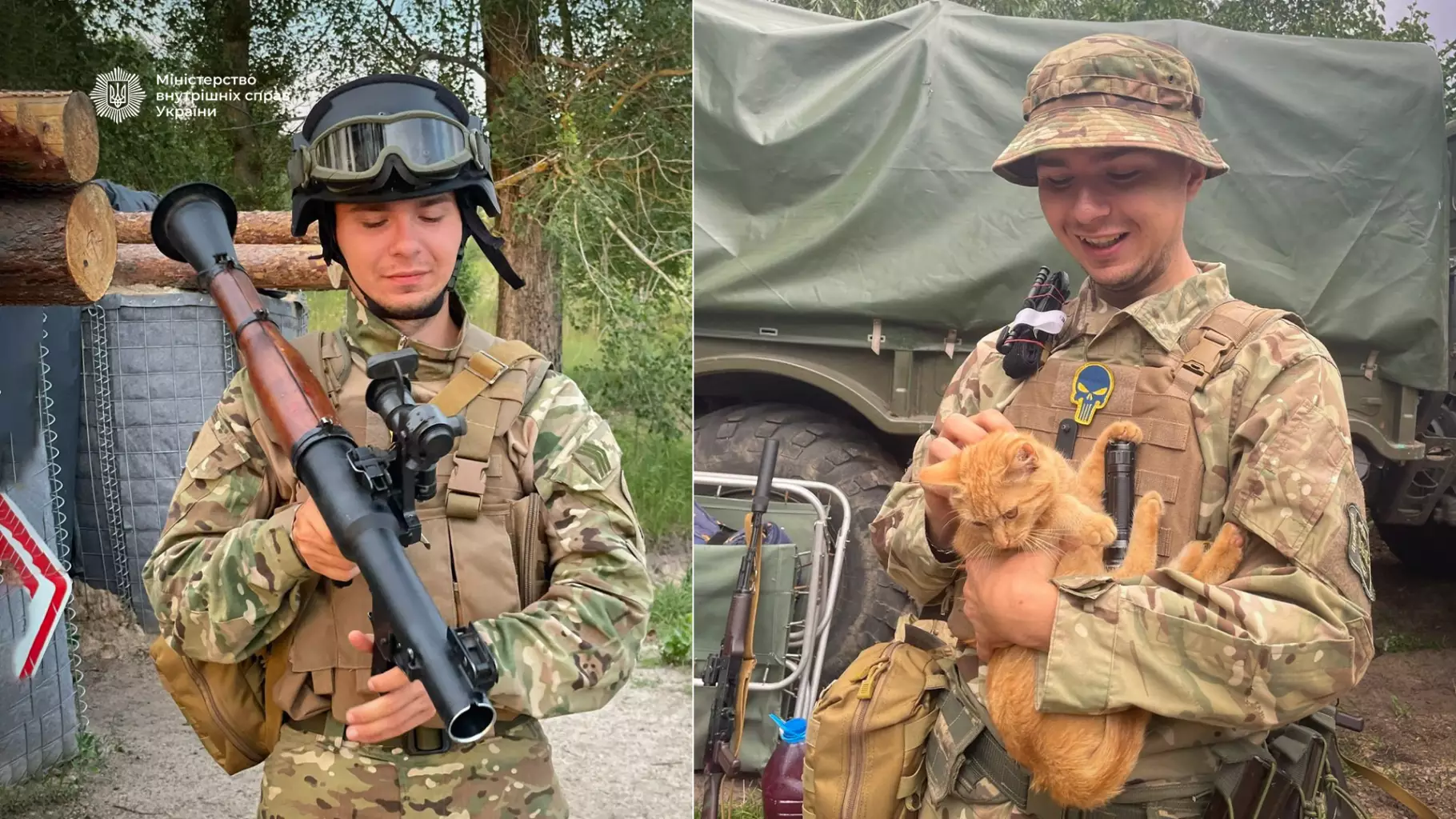 Прикордонник у камуфляжі тримає зброю, інший військовий з котом на фоні військової техніки