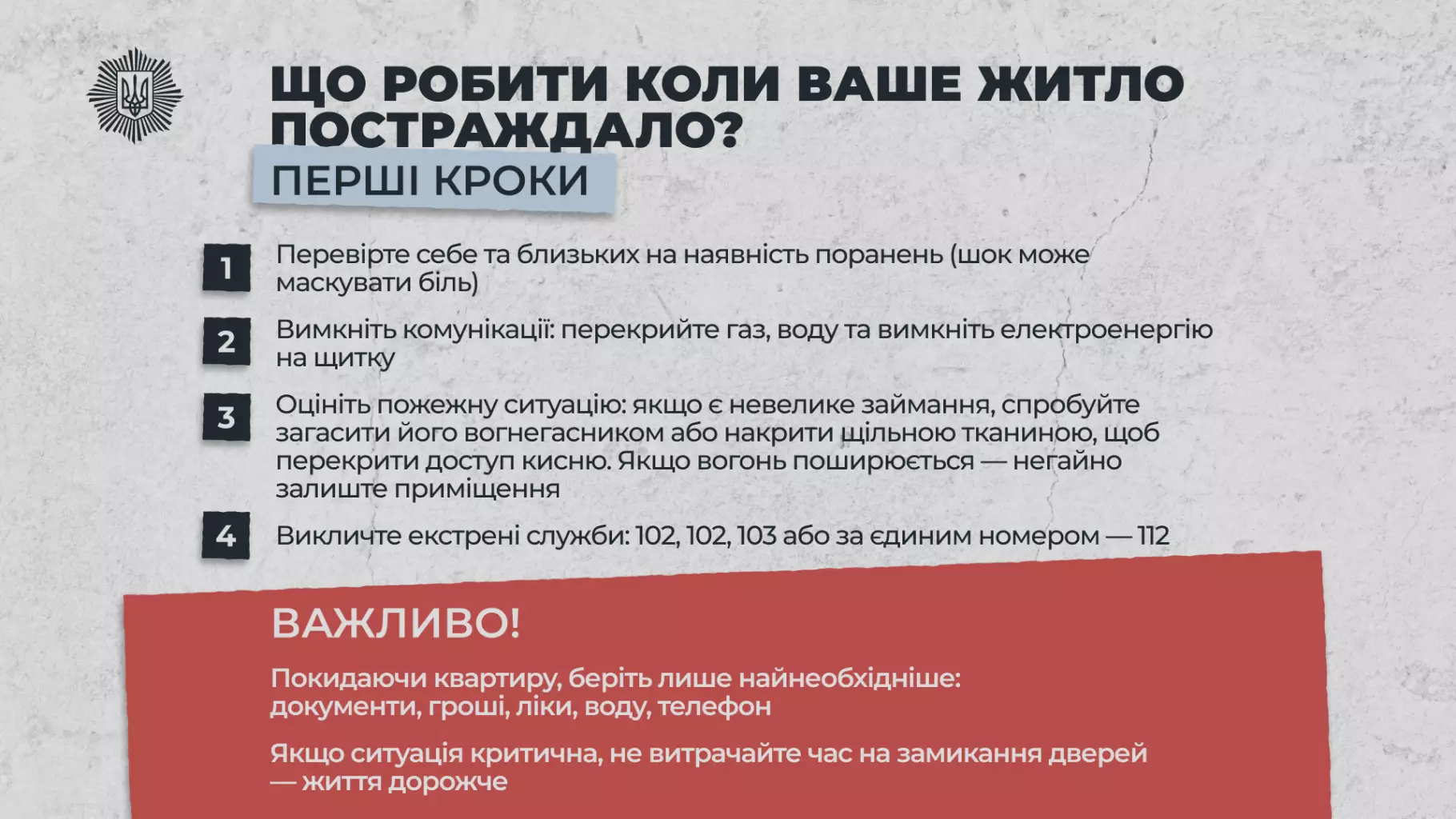 Інфографіка з порадами дій після обстрілу: перевірка стану, відключення газу, виклик екстрених служб