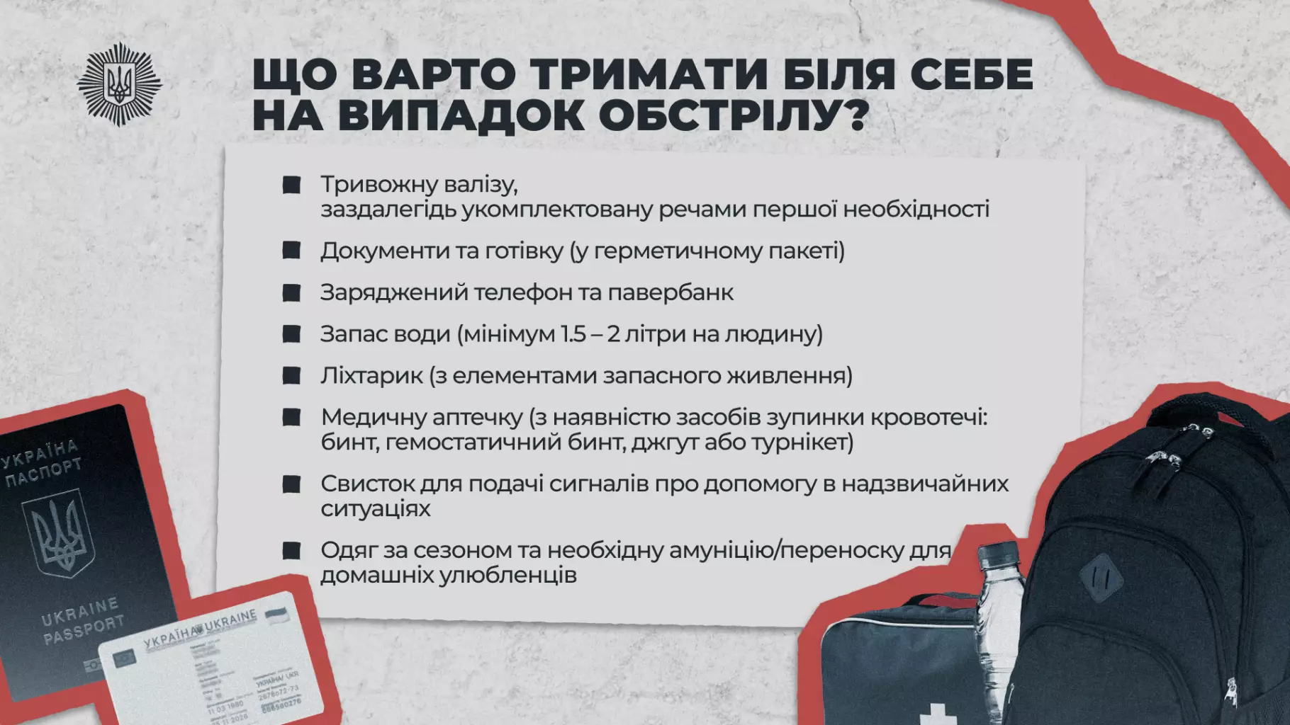 Тривожна валіза з документами, аптечкою, ліхтариком та запасом води для екстрених ситуацій
