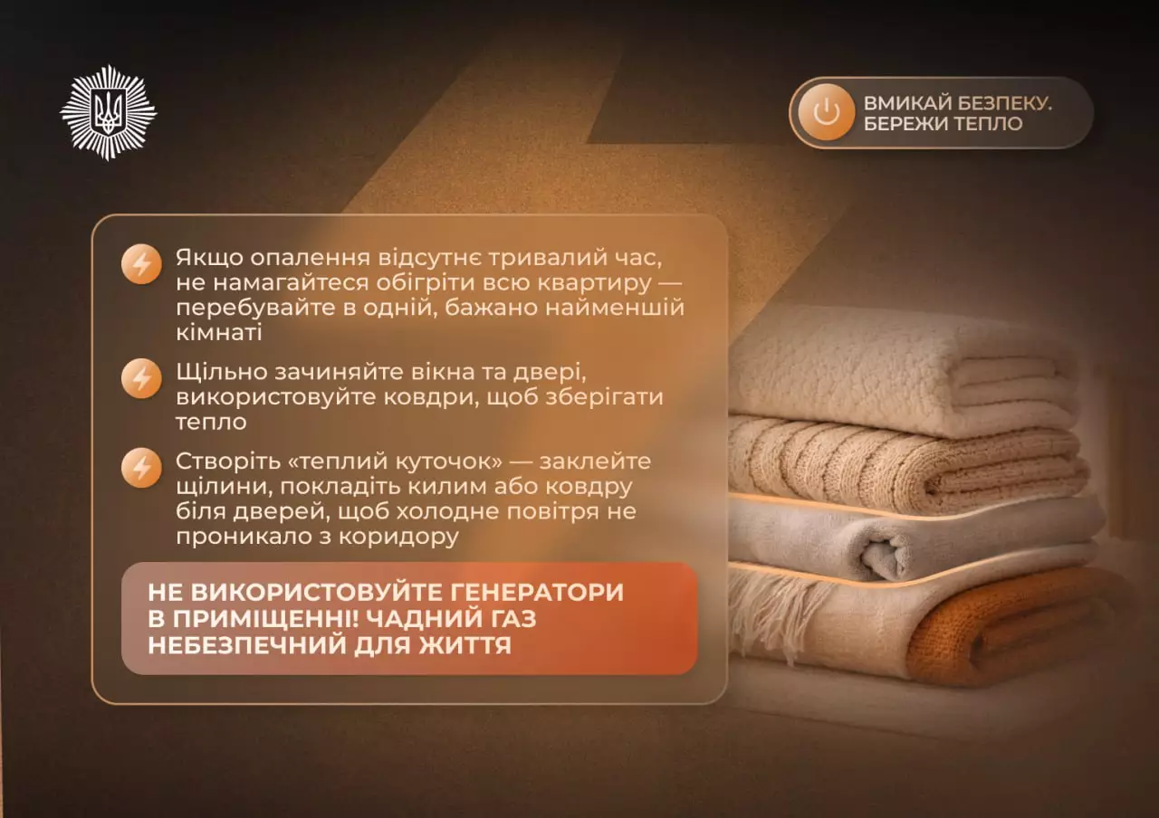 Ковдри та теплий одяг на фоні порад щодо збереження тепла в оселі під час відсутності опалення