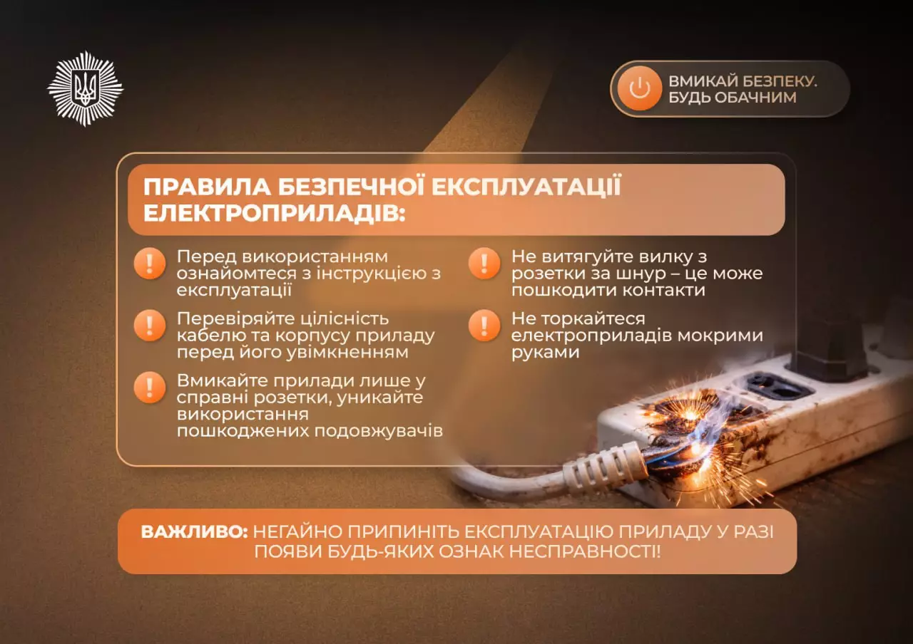 Електроподовжувач з пошкодженим кабелем, що іскрить, на фоні правил безпечного використання електроприладів