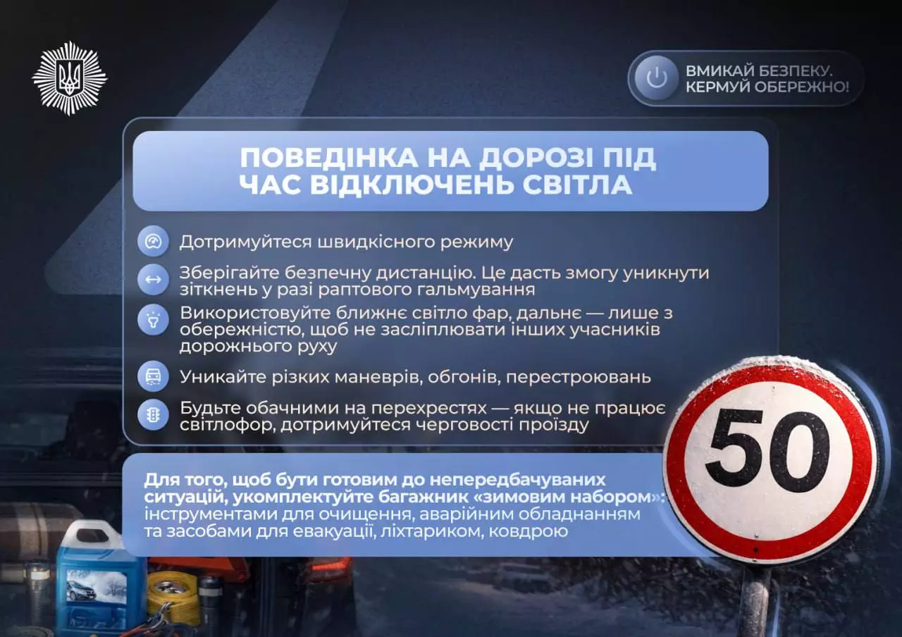 Пам’ятка безпеки на дорозі під час відключень світла, дорожній знак обмеження швидкості 50 км/год