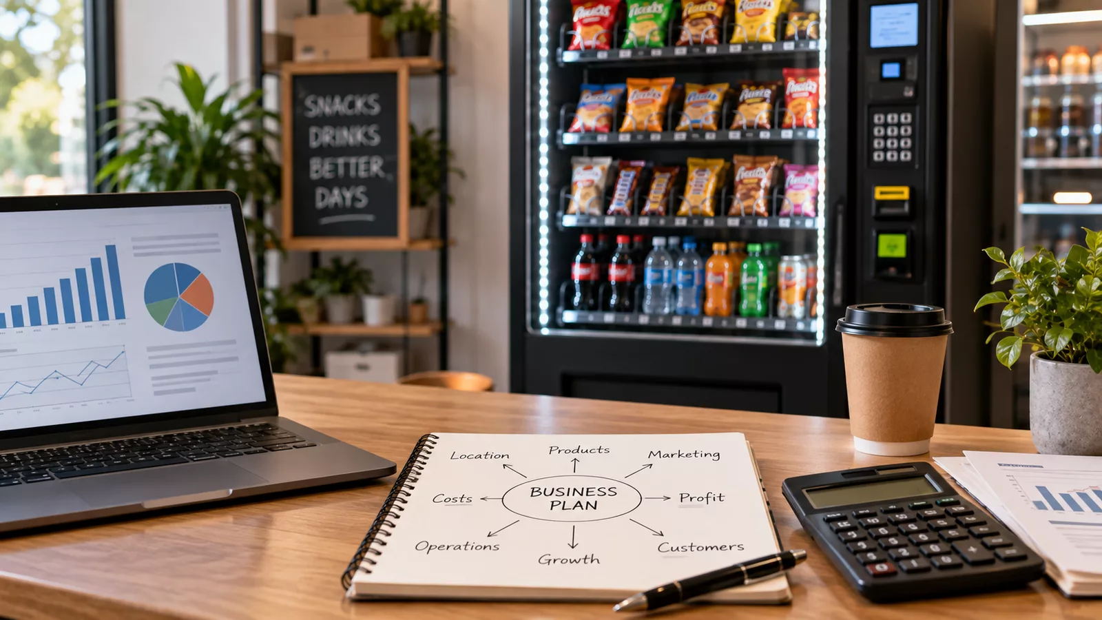 Vending machine business plan with startup costs and profit calculations for 2026